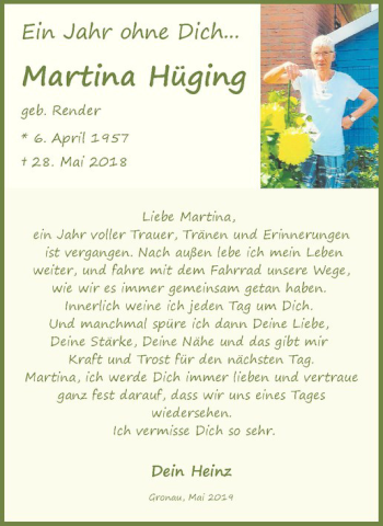 Anzeige von Martina Hüging von Westfälische Nachrichten