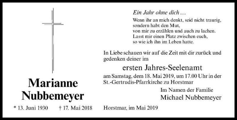  Traueranzeige für Marianne Nubbemeyer vom 11.05.2019 aus Westfälische Nachrichten