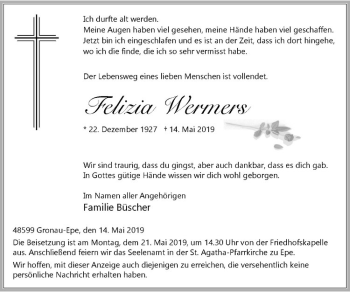 Anzeige von Felizia Wermers von Westfälische Nachrichten