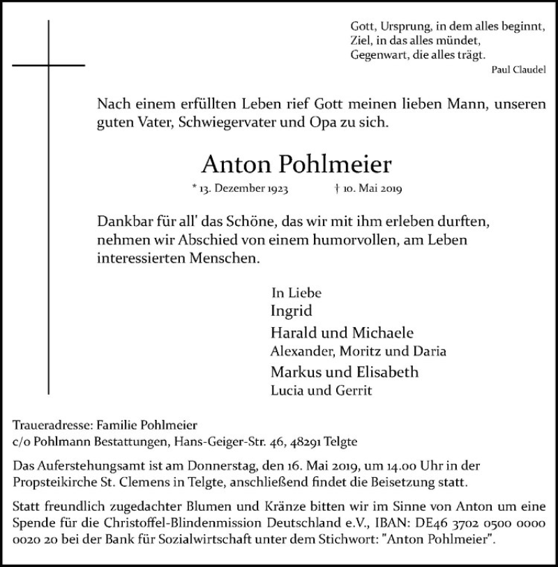  Traueranzeige für Anton Pohlmeier vom 15.05.2019 aus Westfälische Nachrichten