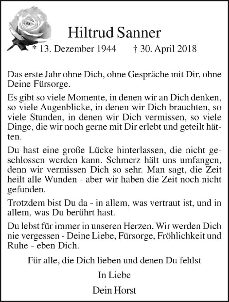  Traueranzeige für Hiltrud Sanner vom 11.05.2019 aus Westfälische Nachrichten