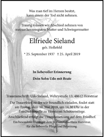 Anzeige von Elfriede Sieland von Westfälische Nachrichten