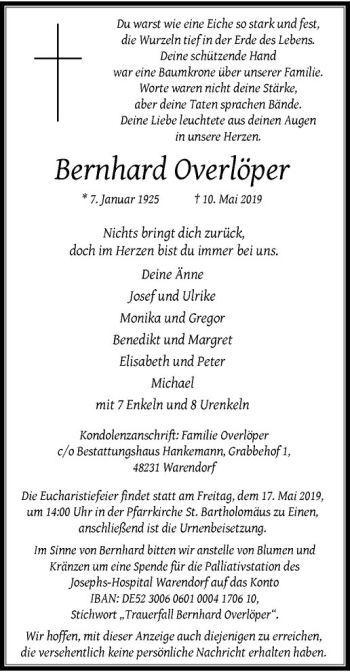 Anzeige von Bernhard Overlöper von Westfälische Nachrichten