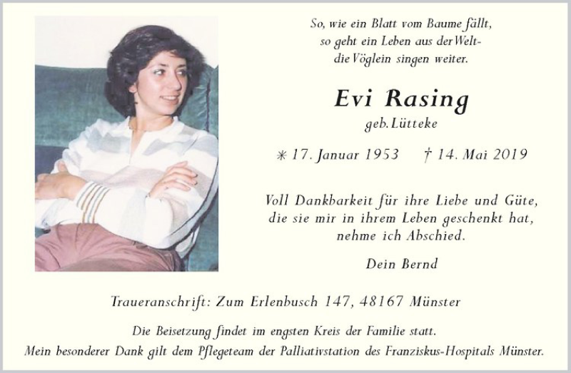  Traueranzeige für Evi Rasing vom 18.05.2019 aus Westfälische Nachrichten