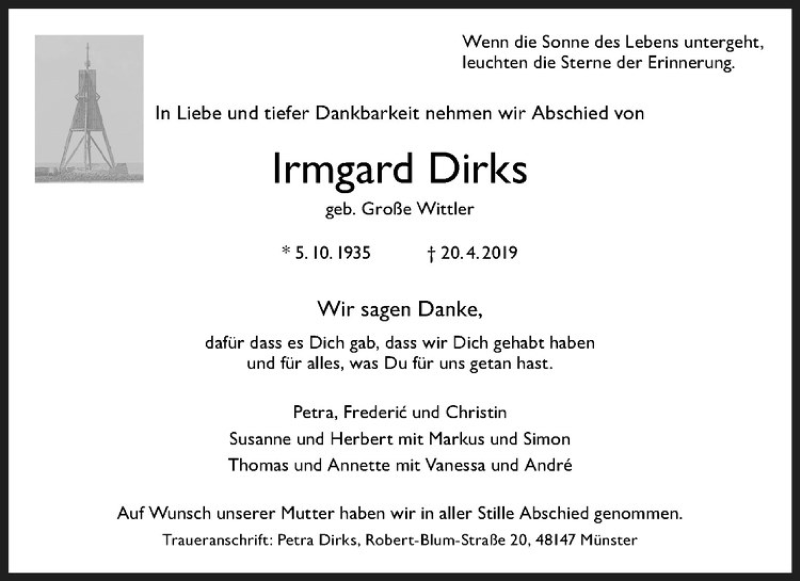  Traueranzeige für Irmgard Dirks vom 25.05.2019 aus Westfälische Nachrichten