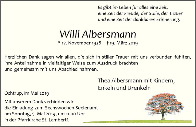  Traueranzeige für Willi Albersmann vom 01.05.2019 aus Westfälische Nachrichten