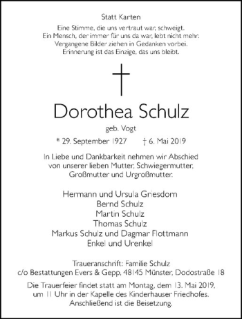 Anzeige von Dorothea Schulz von Westfälische Nachrichten