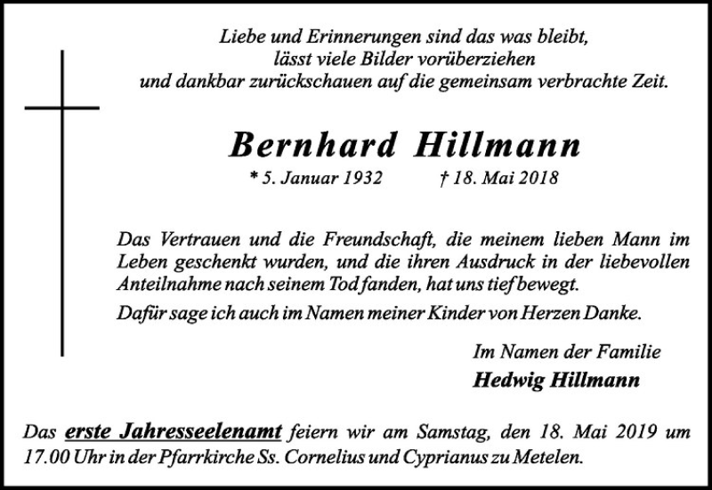  Traueranzeige für Bernhard Hillmann vom 13.05.2019 aus Westfälische Nachrichten