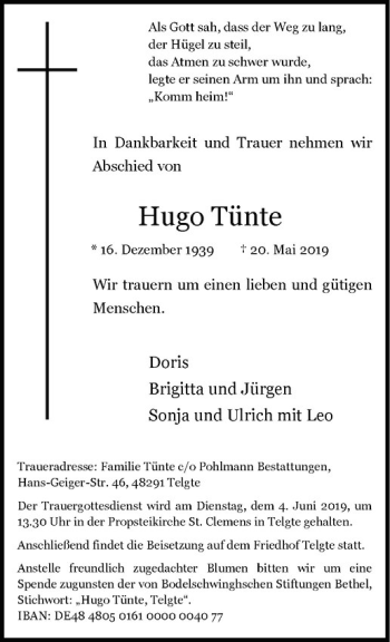 Anzeige von Hugo Tünte von Westfälische Nachrichten