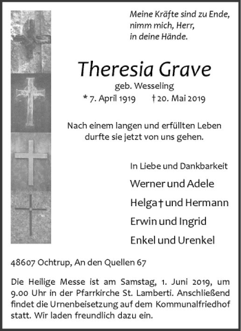 Anzeige von Theresia Grave von Westfälische Nachrichten