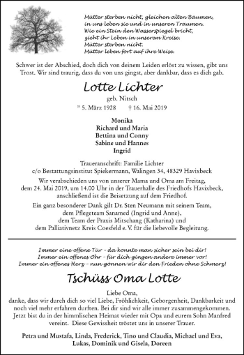 Anzeige von Lotte Lichter von Westfälische Nachrichten