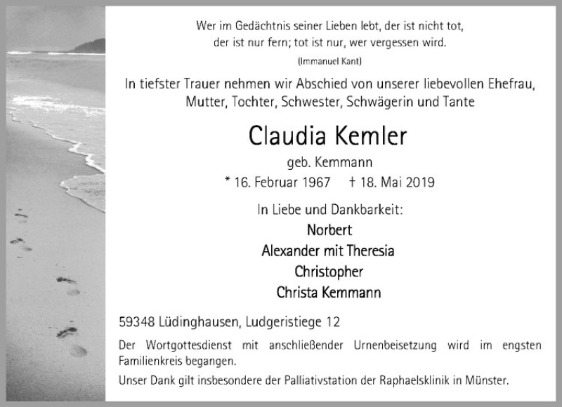  Traueranzeige für Claudia Kemler vom 25.05.2019 aus Westfälische Nachrichten