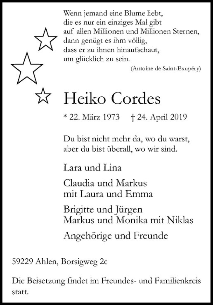  Traueranzeige für Heiko Cordes vom 01.05.2019 aus Westfälische Nachrichten