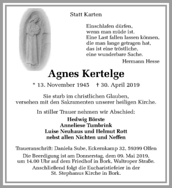 Anzeige von Agnes Kertelge von Westfälische Nachrichten
