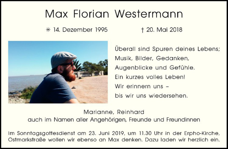  Traueranzeige für Max Florian Westermann vom 18.05.2019 aus Westfälische Nachrichten