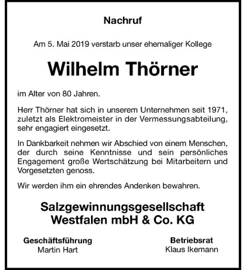  Traueranzeige für Wilhelm Thörner vom 10.05.2019 aus Westfälische Nachrichten