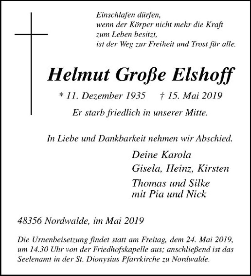  Traueranzeige für Helmut Große Elshoff vom 22.05.2019 aus Westfälische Nachrichten