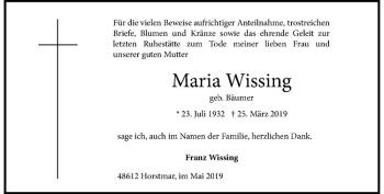 Anzeige von Maria Wissing von Westfälische Nachrichten