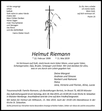 Anzeige von Helmut Riemann von Westfälische Nachrichten