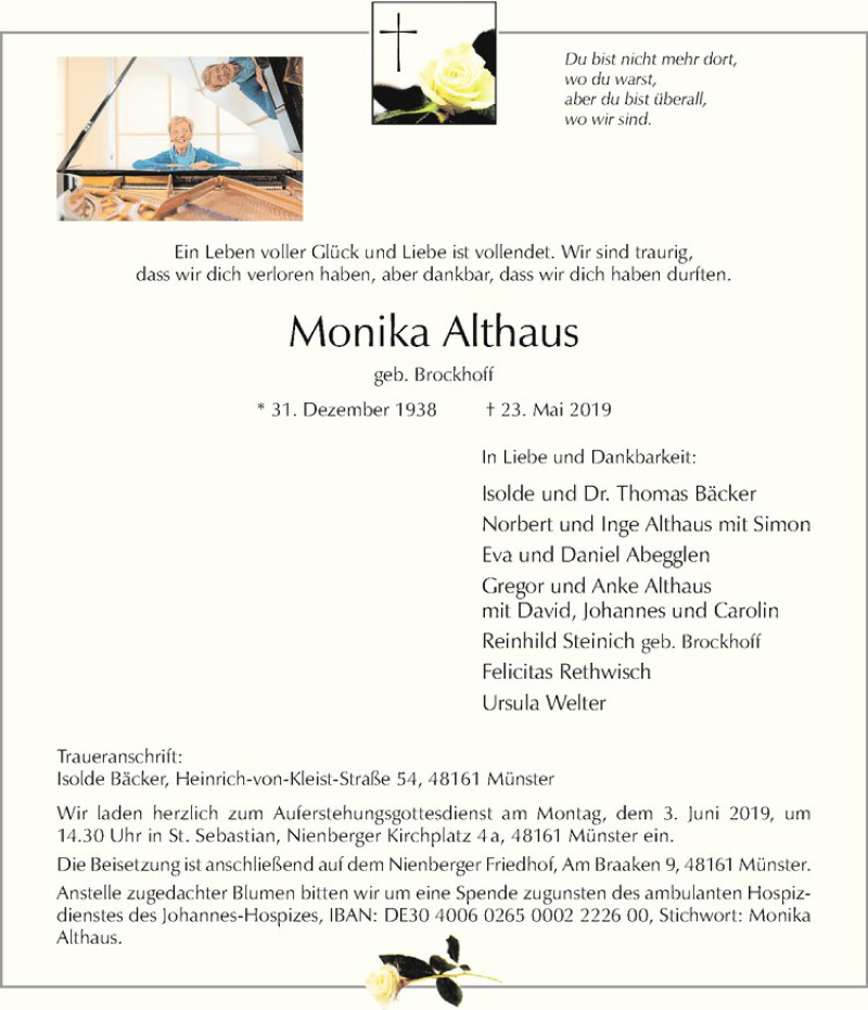 Traueranzeige für Monika Althaus vom 29.05.2019 aus Westfälische Nachrichten