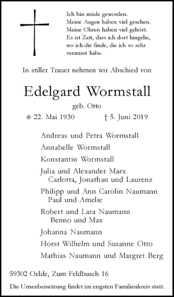 Anzeige von Edelgard Wormstall von Westfälische Nachrichten