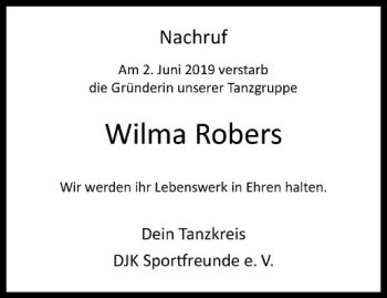 Anzeige von Wilma Robers von Westfälische Nachrichten
