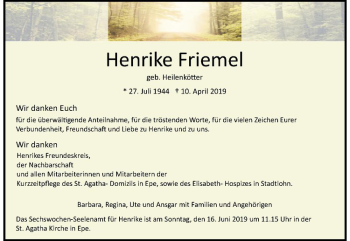 Anzeige von Henrike Friemel von Westfälische Nachrichten