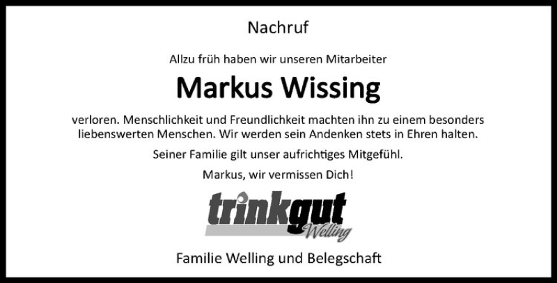  Traueranzeige für Markus Wissing vom 25.06.2019 aus Westfälische Nachrichten