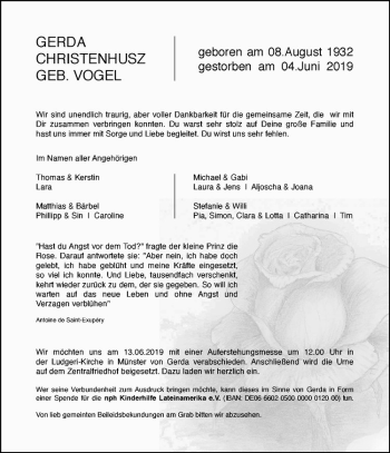 Anzeige von Gerda Christenhusz von Westfälische Nachrichten