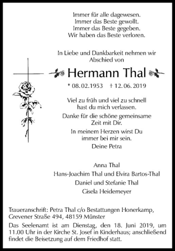 Anzeige von Hermann Thal von Westfälische Nachrichten