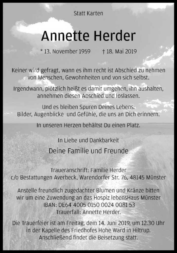  Traueranzeige für Annette Herder vom 08.06.2019 aus Westfälische Nachrichten