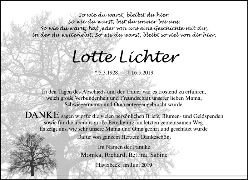  Traueranzeige für Lotte Lichter vom 29.06.2019 aus Westfälische Nachrichten
