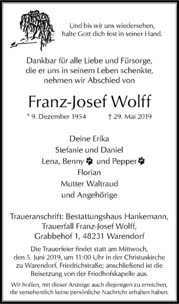 Anzeige von Franz-Josef Wolff von Westfälische Nachrichten