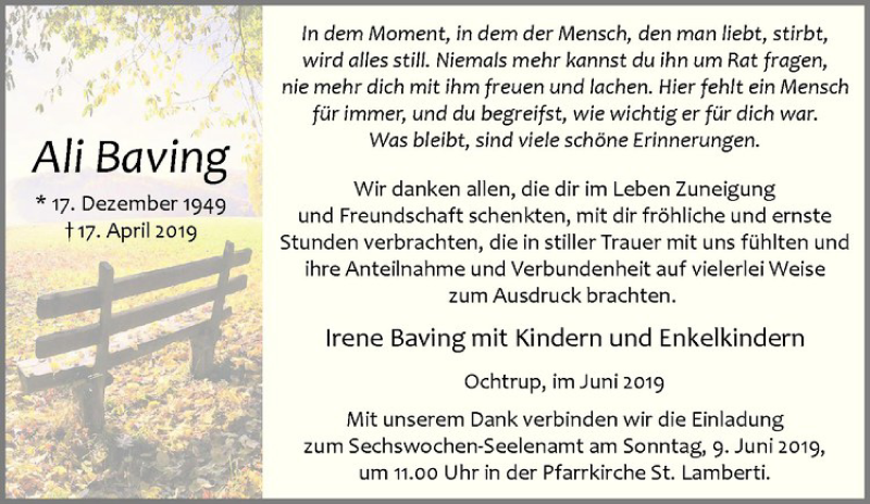  Traueranzeige für Ali Baving vom 05.06.2019 aus Westfälische Nachrichten
