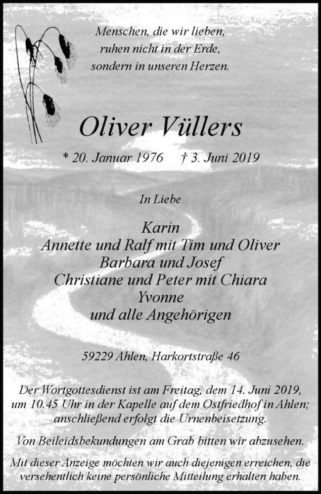  Traueranzeige für Oliver Vüllers vom 08.06.2019 aus Westfälische Nachrichten