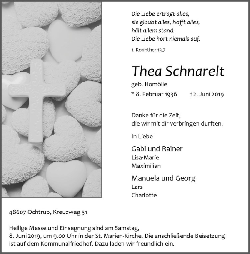  Traueranzeige für Thea Schnarelt vom 04.06.2019 aus Westfälische Nachrichten