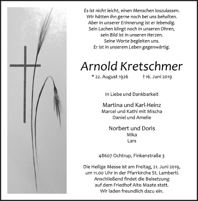  Traueranzeige für Arnold Kretschmer vom 18.06.2019 aus Westfälische Nachrichten