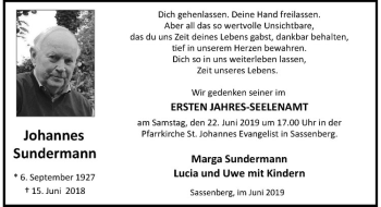 Anzeige von Johannes Sundermann von Westfälische Nachrichten