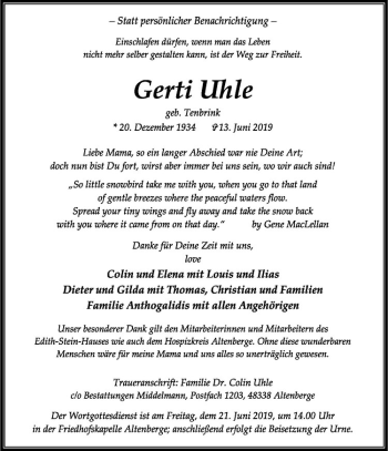 Anzeige von Gerti Uhle von Westfälische Nachrichten