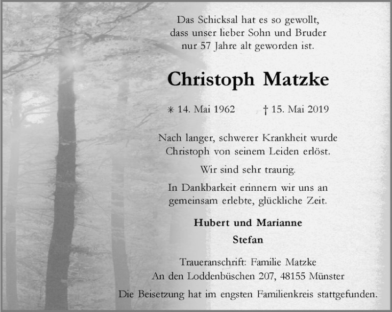  Traueranzeige für Christoph Matzke vom 01.06.2019 aus Westfälische Nachrichten