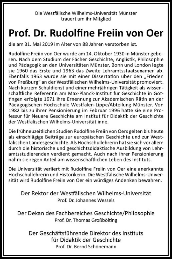  Traueranzeige für Rudolfine Freiin von Oer vom 08.06.2019 aus Westfälische Nachrichten