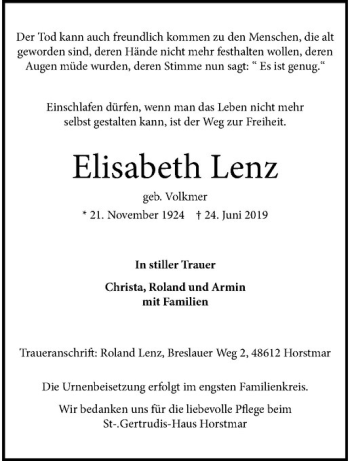 Anzeige von Elisabeth Lenz von Westfälische Nachrichten