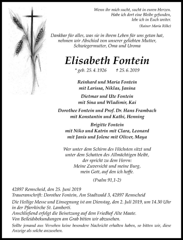  Traueranzeige für Elisabeth Fontein vom 28.06.2019 aus Westfälische Nachrichten