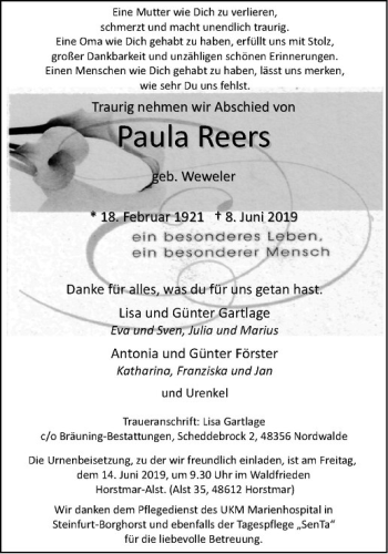 Anzeige von Paula Reers von Westfälische Nachrichten