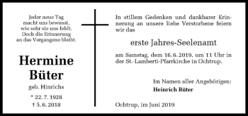 Anzeige von Hermine Büter von Westfälische Nachrichten