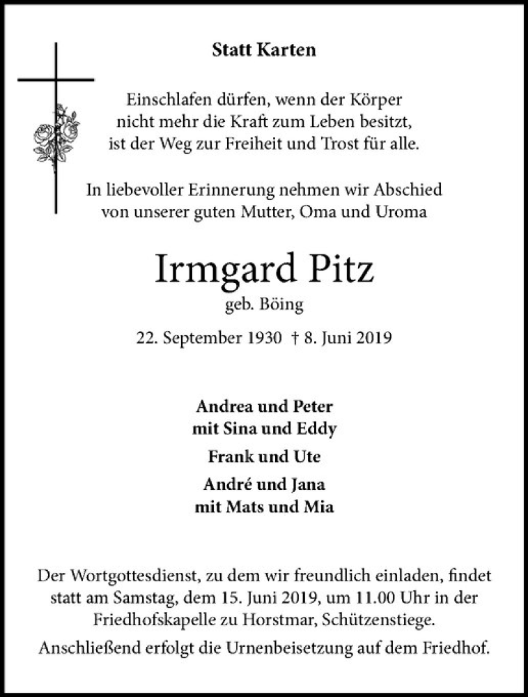  Traueranzeige für Irmgard Pitz vom 12.06.2019 aus Westfälische Nachrichten
