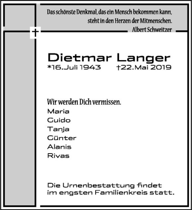  Traueranzeige für Dietmar Langer vom 05.06.2019 aus Westfälische Nachrichten