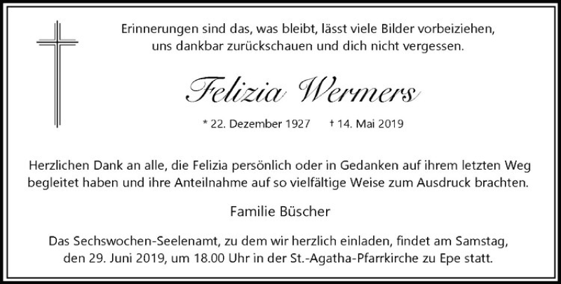  Traueranzeige für Felizia Wermers vom 25.06.2019 aus Westfälische Nachrichten