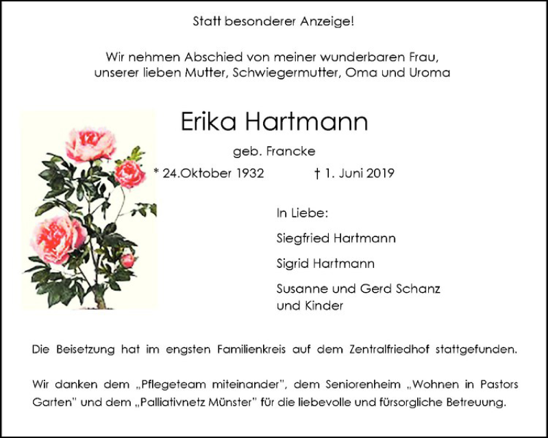  Traueranzeige für Erika Hartmann vom 07.06.2019 aus Westfälische Nachrichten