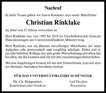 Anzeige von Christian Rinklake von Westfälische Nachrichten